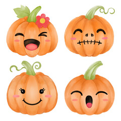 Watercolor halloween pumpkin face, jack o lantern set 1 of 4 .