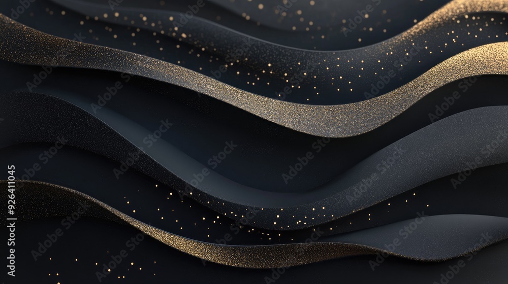 Poster abstract 3d background with textured black paper layers and golden glittering elements, offering a r