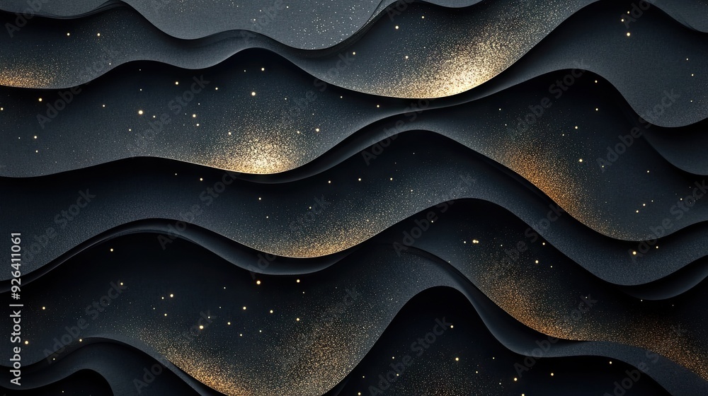 Aufkleber abstract 3d background with textured black paper layers and golden glittering elements, offering a r