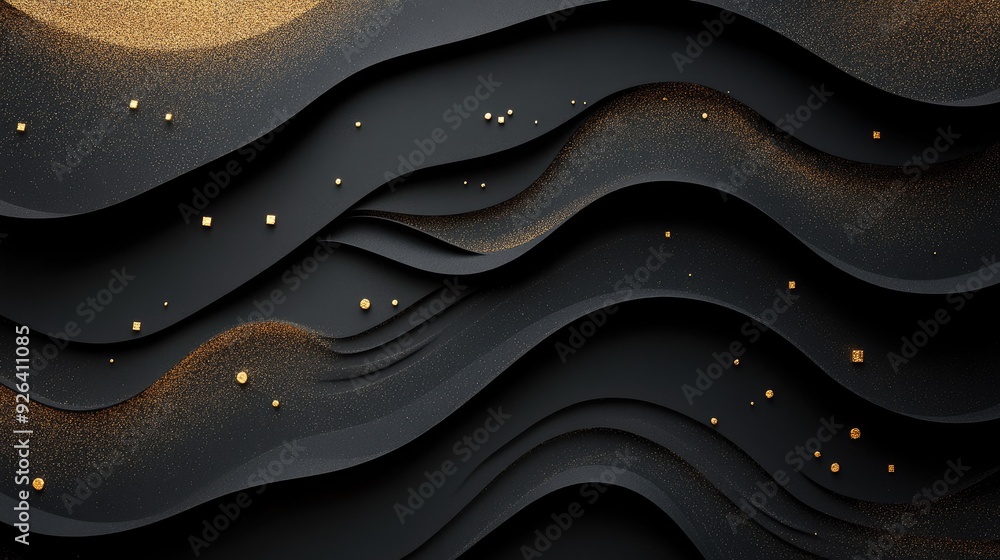 Poster abstract 3d background with textured black paper layers and golden glittering elements, offering a r