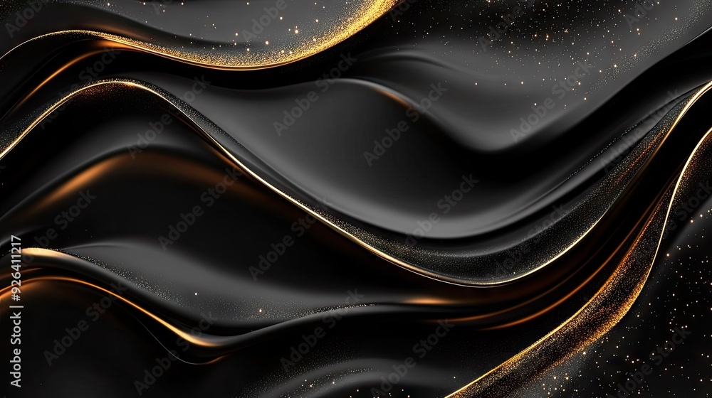 Poster abstract 3d black background with elegant, curved gold lines and subtle sparkles, offering luxurious