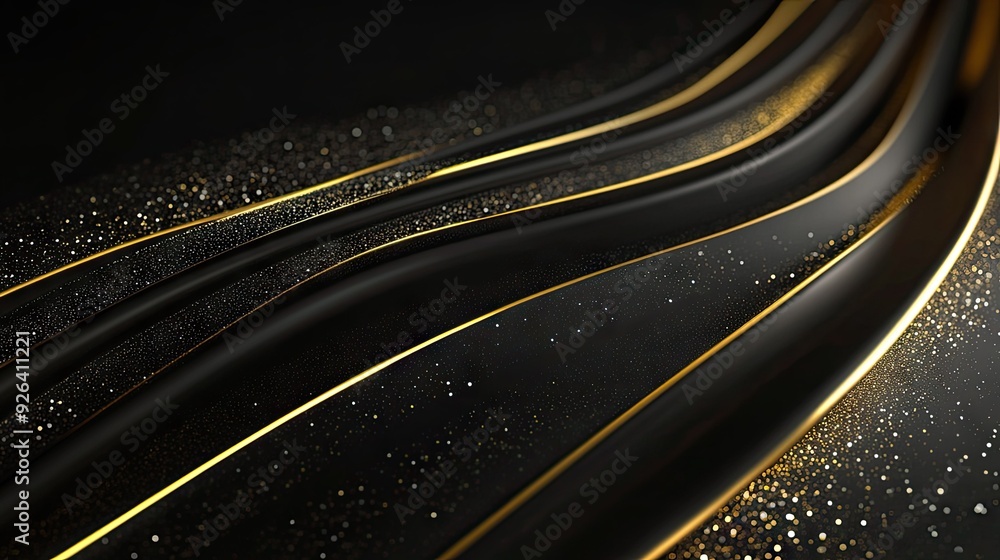 Poster abstract 3d black background with elegant, curved gold lines and subtle sparkles, offering luxurious