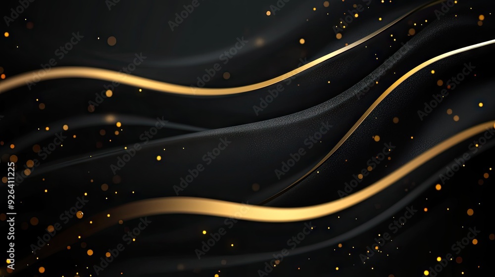 Poster abstract 3d black background with elegant, curved gold lines and subtle sparkles, offering luxurious