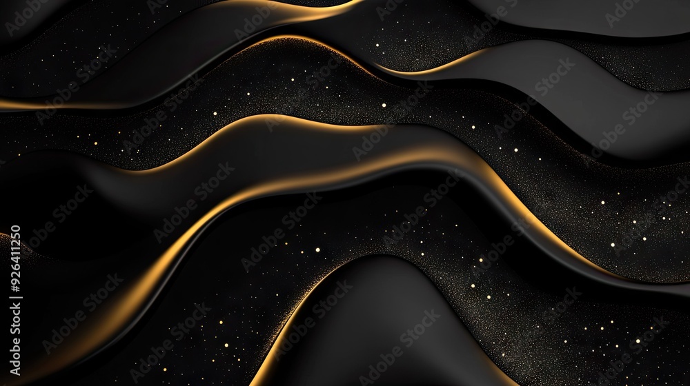 Poster abstract 3d black background with elegant, curved gold lines and subtle sparkles, offering luxurious