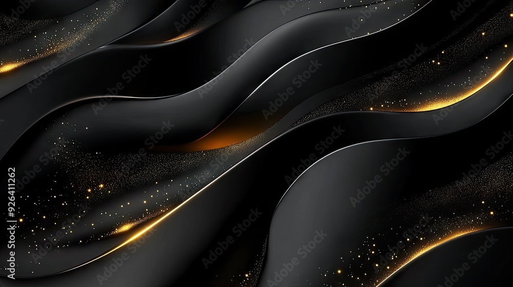 Poster abstract 3d black background with elegant, curved gold lines and subtle sparkles, offering luxurious
