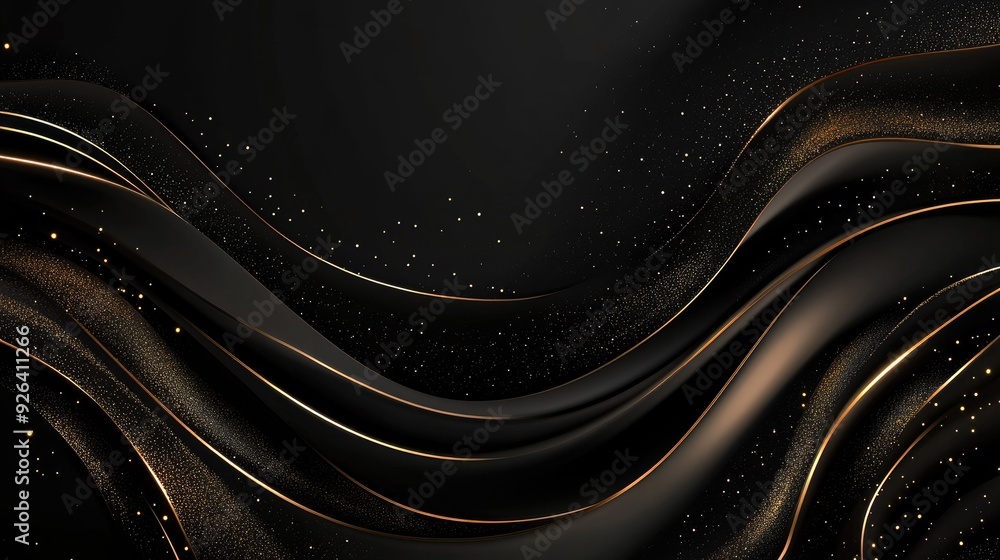 Poster abstract 3d black background with elegant, curved gold lines and subtle sparkles, offering luxurious
