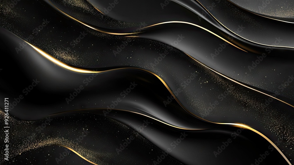 Poster abstract 3d black background with elegant, curved gold lines and subtle sparkles, offering luxurious