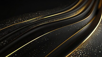 Abstract 3D black background with elegant, curved gold lines and subtle sparkles, offering luxurious style and copy space for text. -