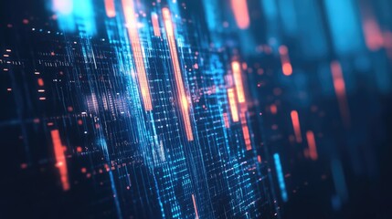 Obraz premium Abstract 3D business chart with glowing candlesticks on a blue background. Captures the essence of financial markets and trade data. Great for professional finance graphics.