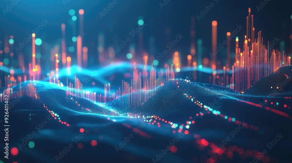 Aufkleber abstract 3d candlestick chart with luminous elements on a blue background. illustrates market dynami