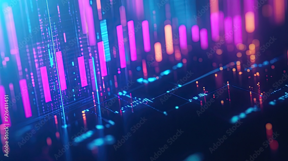 Aufkleber abstract 3d candlestick chart with luminous elements on a blue background. illustrates market dynami