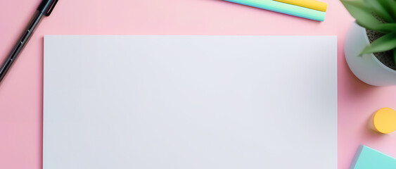 mock up, flat lay paper notebook on pink background, workspace concept. Top view, banner, with copy space