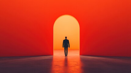 Man Walking Through Bright Orange Archway Toward a Warm Light..