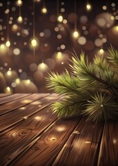 Festive pine branches and warm fairy lights on a wooden surface.