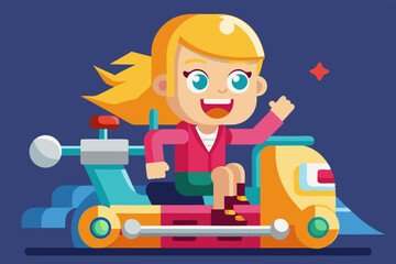 Riding on the machine. Happy blond woman rides in the car. Vecto
