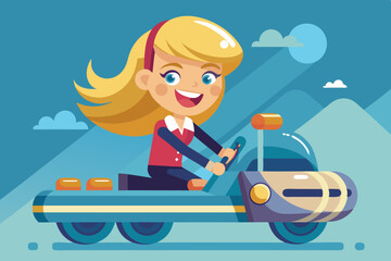 Riding on the machine. Happy blond woman rides in the car. Vecto
