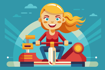 Riding on the machine. Happy blond woman rides in the car. Vecto
