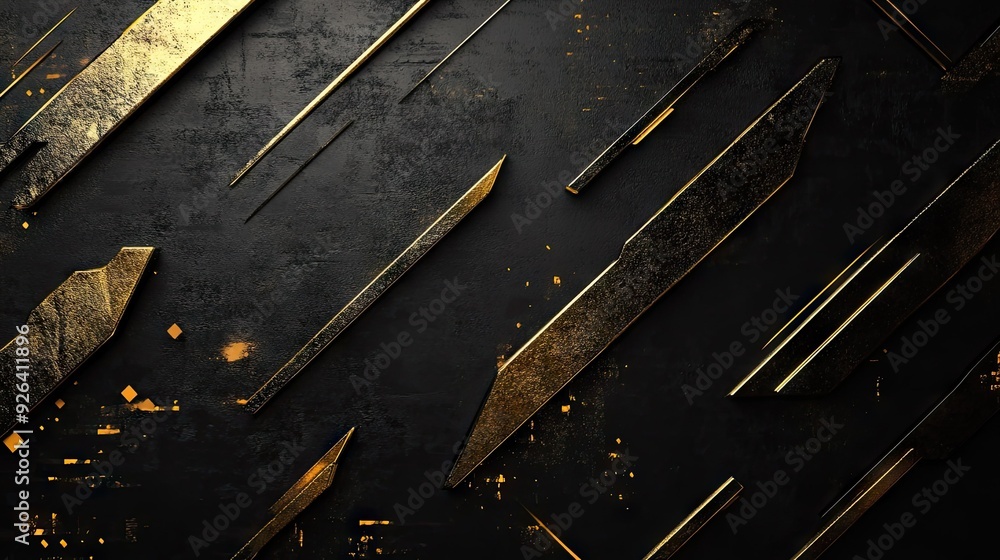 Poster abstract background showcasing gold directional arrows and geometric elements on a dark black space,