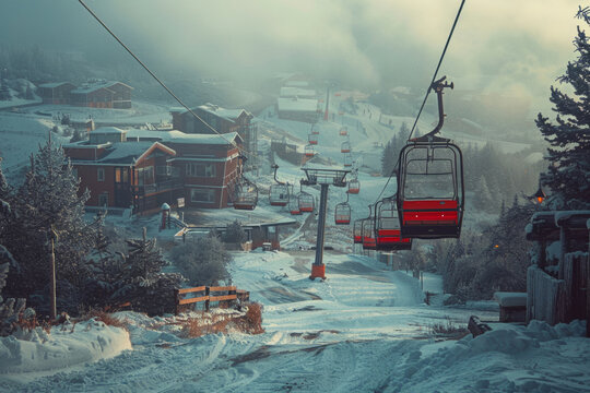 Empty ski lift going over snowy mountain village during foggy day - Powered by Adobe