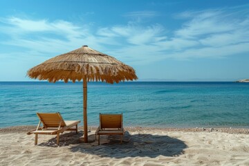 Two empty sunbeds under a beach umbrella on a secluded beach
