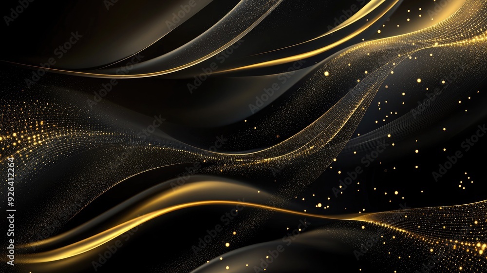 Poster abstract black and gold design with wavy lines and sparkles, set on a 3d background with ample space