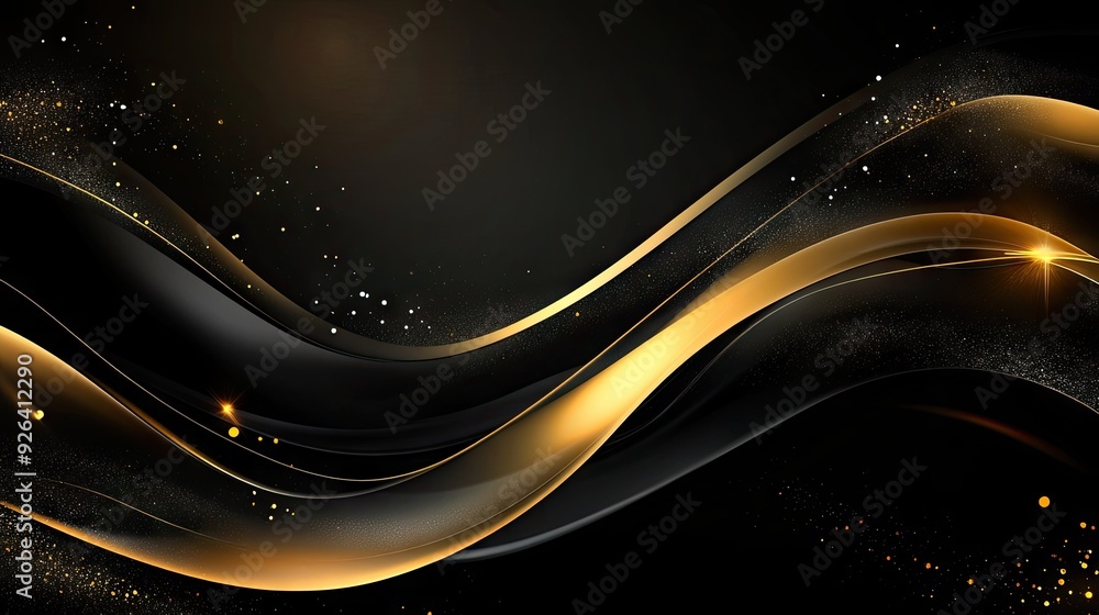 Poster abstract black and gold design with wavy lines and sparkles, set on a 3d background with ample space
