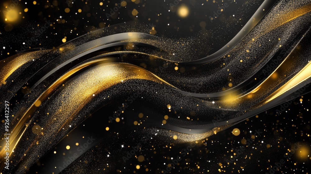 Poster abstract black and gold design with wavy lines and sparkles, set on a 3d background with ample space