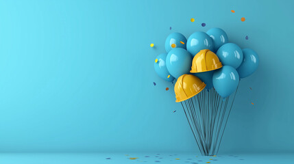 Construction worker’s helmet and blue balloons with confetti on a solid background, symbolizing a festive celebration of labor and teamwork. Ideal for event banners, party invitations, or promotional 