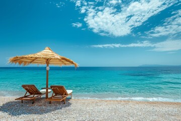 Fototapeta premium Two empty sunbeds enjoying a sunny day on the beach under a straw parasol