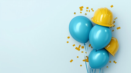 Construction worker’s helmet and blue balloons with confetti on a solid background, symbolizing a festive celebration of labor and teamwork. Ideal for event banners, party invitations, or promotional 