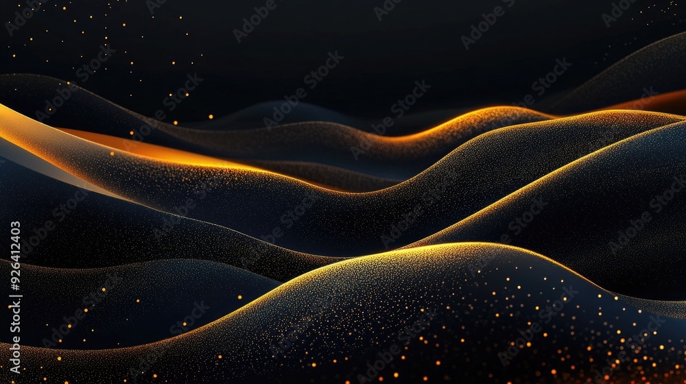 Poster abstract black background with golden waves and subtle sparkles in a 3d effect, providing a refined 