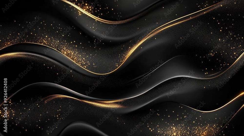 Poster abstract black background with golden waves and subtle sparkles in a 3d effect, providing a refined 
