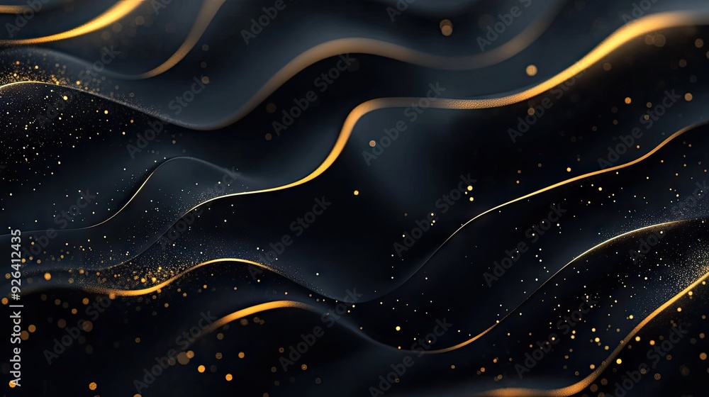 Poster abstract black background with golden waves and subtle sparkles in a 3d effect, providing a refined 