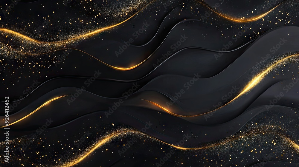 Poster abstract black background with golden waves and subtle sparkles in a 3d effect, providing a refined 