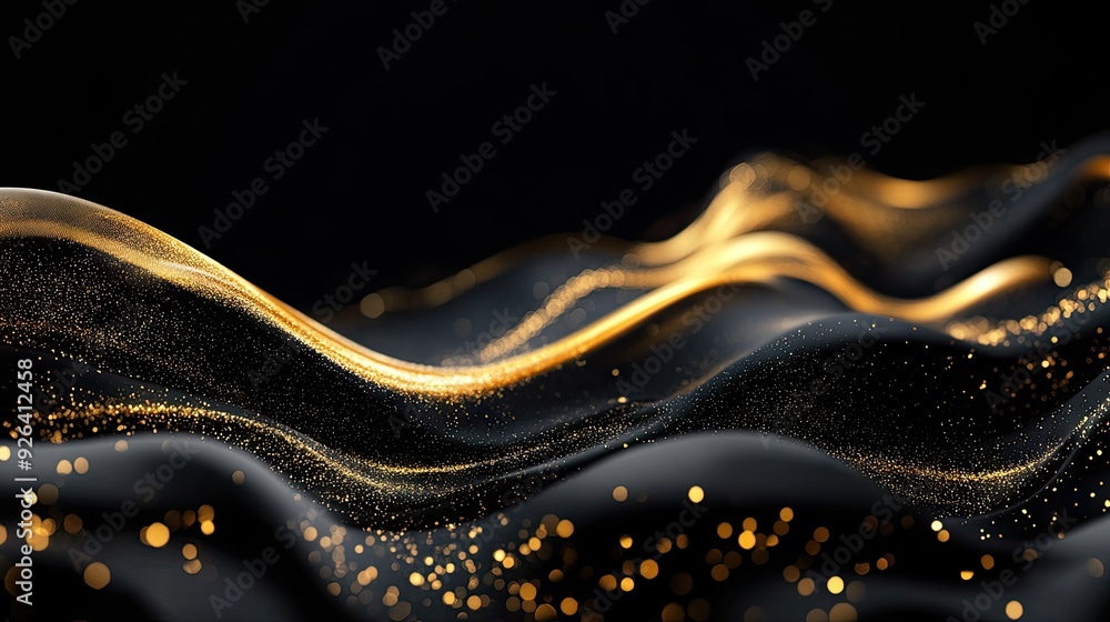 Poster abstract black background with golden waves and subtle sparkles in a 3d effect, providing a refined 