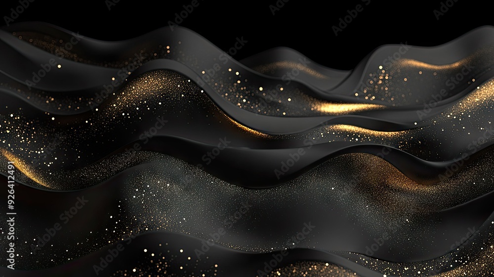 Poster abstract black background with golden waves and subtle sparkles in a 3d effect, providing a refined 