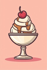Delicious Classic Ice Cream Sundae Icon with Syrup and Cherry Topping on Soft Pink Background &acirc;&euro;&ldquo; High-Quality Dessert Illustration for Sweet Treats Menu and Summer Design Projects