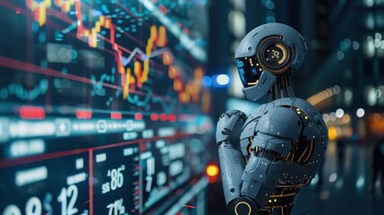 Futuristic Trading Robot Analyzing Cryptocurrency Markets with Digital Data Visualization in Modern Financial Setting