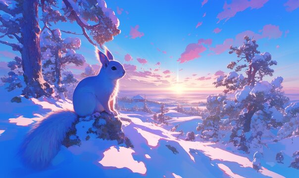 Enchanting Winter Sunrise: Anime-Style 4K Scene with Adorable Squirrel in Snowy Wonderland. Vibrant Blue Sky and Magical Landscape for 2025 Winter Marketing, UI Design, and Festive Holiday Themes in F