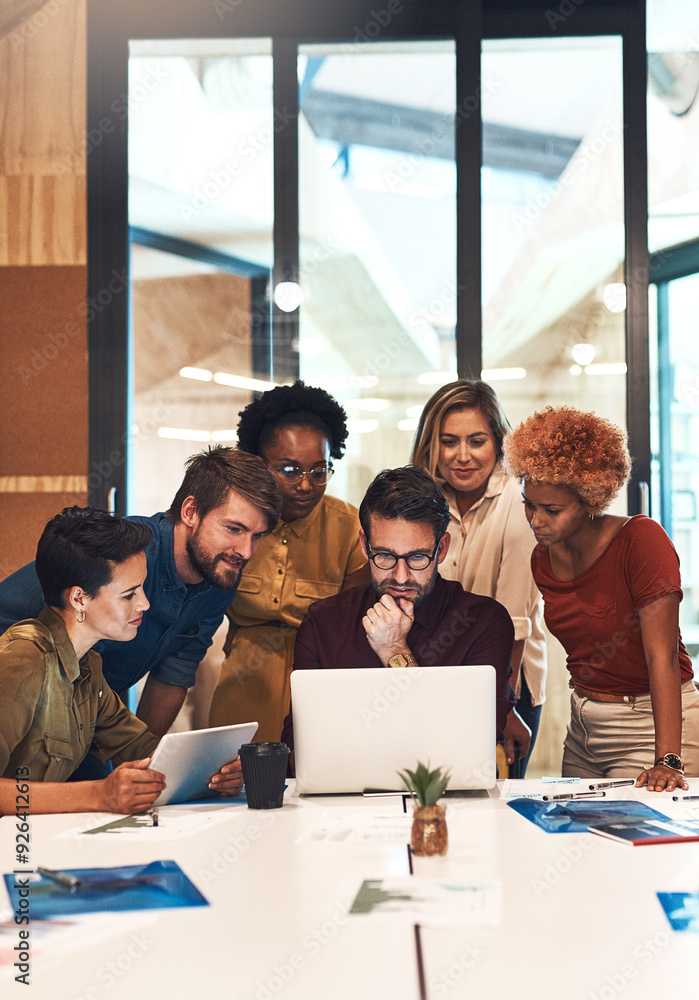 Poster Business, mentor and discussion with group on laptop for induction training, onboarding and company orientation. Intern diversity, people and HR manager with tech for introduction to agency system