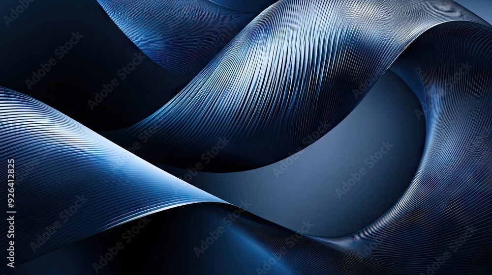 Poster abstract blue metallic curve lines weaved across a dark grey background, creating a luxurious and fu