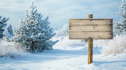 Fototapeta premium Blank wooden sign with rough edges standing in a snow-covered landscape, surrounded by frosty trees
