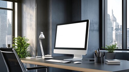 Modern office workspace with a blank computer screen, desk lamp, and city view.