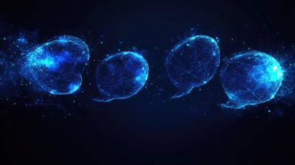 Abstract dark blue banner with glowing speech bubbles and polygonal design elements. Suitable for virtual networking, e-commerce, and communication concepts with ample text space.