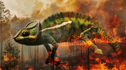 A bright green chameleon is running away from a fire