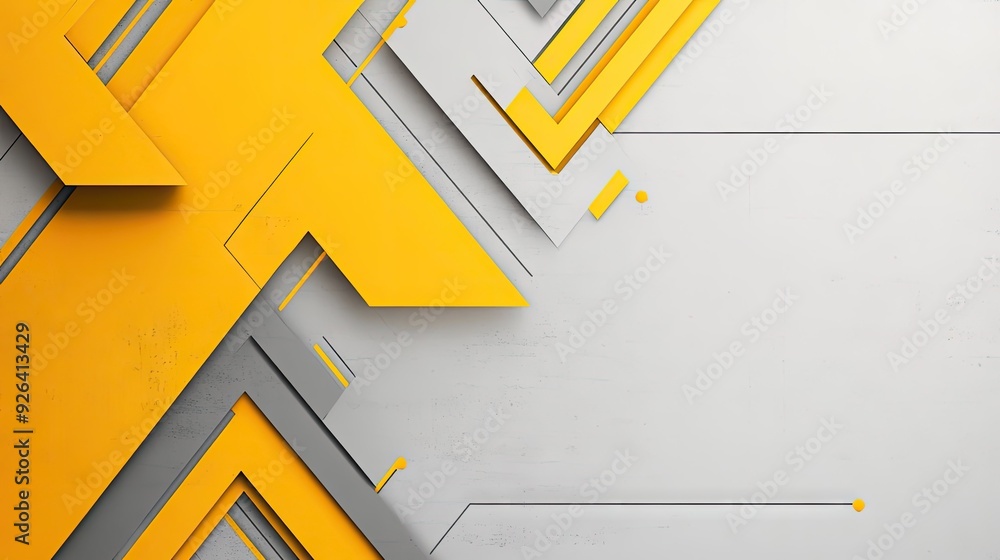 Poster abstract design with yellow-grey triangle arrows creating a dynamic geometric pattern. the modern, f