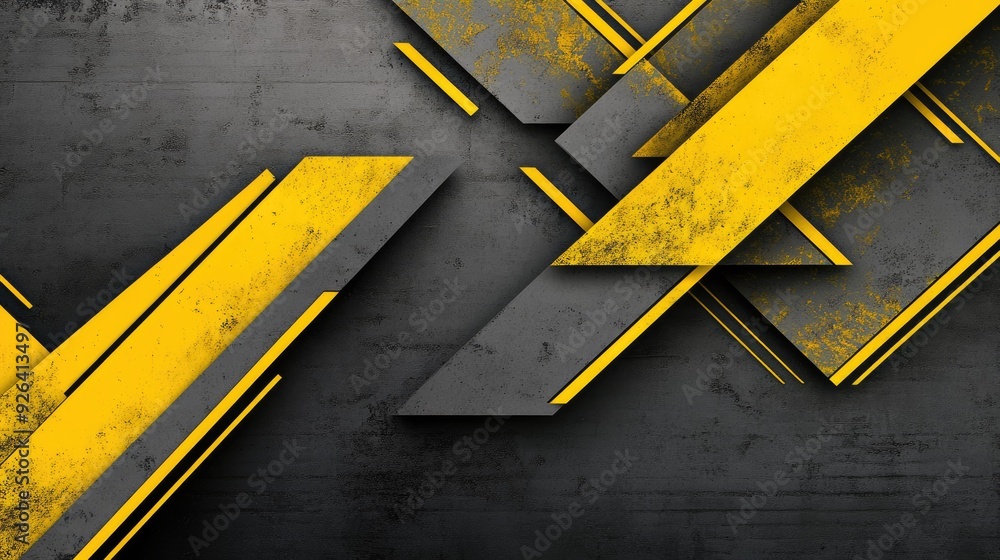 Poster abstract design with yellow-grey triangle arrows creating a dynamic geometric pattern. the modern, f