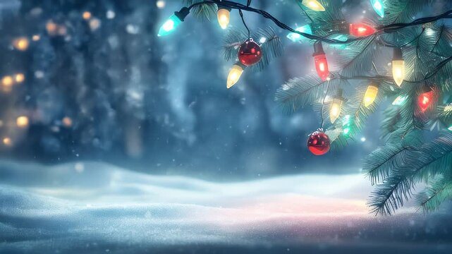 Colorful Christmas lights illuminate a snowy evening, with red ornaments adding a festive touch to the wintry scene.