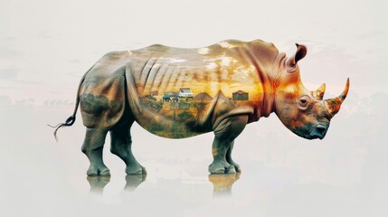 A digital painting of a rhinoceros with a double exposure of a cityscape.