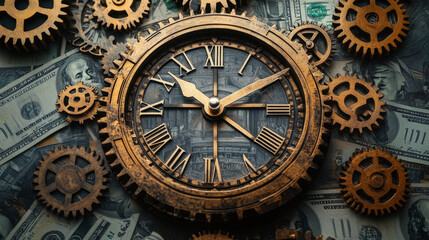 Obraz premium A vintage clock with Roman numerals surrounded by rusty gears, placed over U.S. dollar bills, symbolizing the mechanics of time and money in finance.